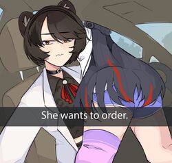  2girls absurdres animal_ears ass black_choker black_hair black_shirt blue_shorts brown_eyes brown_hair choker collared_shirt english_text frown he_wants_to_order_(meme) headphones highres hyona_elatiora lab_coat long_hair looking_at_viewer meme mika_melatika multicolored_hair multiple_girls nijisanji nijisanji_id panther_ears purple_thighhighs red_hair shirt short_hair shorts single_thighhigh streaked_hair thighhighs unfamousradish vehicle_interior very_long_hair virtual_youtuber 