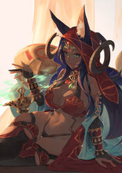  animal_ear_fluff animal_ears aqua_eyes arm_support black_thighhighs breasts bridal_gauntlets circlet cleavage closed_mouth commentary_request cowboy_shot dark-skinned_female dark_skin eyeshadow fate/grand_order fate_(series) female fingernails groin highres horns jewelry jhc_kai large_breasts leaning_to_the_side long_hair looking_at_viewer makeup navel oil_lamp purple_hair queen_of_sheba_(fate) sitting slit_pupils solo thigh_gap thighhighs thighs 