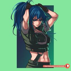  abs black_gloves blue_eyes blue_hair commentary crop_top earrings english_commentary female gloves green_background green_jacket jacket jewelry karckade leona_heidern long_hair midriff military military_uniform muscular muscular_female navel patreon_username ponytail shorts snk soldier solo the_king_of_fighters uniform watermark web_address 