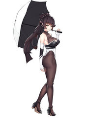  absurdres animal_ears ass azur_lane bare_shoulders black_footwear bodystocking bow breasts brown_hair cleavage_cutout clothing_cutout elbow_gloves female fingerless_gloves floppy_ears full_body gloves high_heels highleg highleg_leotard highres holding holding_umbrella leotard long_hair looking_at_viewer medium_breasts multicolored_clothes multicolored_leotard official_alternate_costume orange_eyes race_queen simple_background solo takao_(azur_lane) takao_(full_throttle_charmer)_(azur_lane) tierla two-tone_leotard umbrella very_long_hair white_background white_bow 