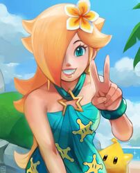  beach blonde_hair blue_dress blue_eyes blue_sky bracelet commentary day dress earrings english_commentary female flipped_hair flower grin hair_flower hair_ornament hair_over_one_eye halter_dress halterneck jewelry lips looking_at_viewer luma_(mario) mario_(series) mario_kart mario_kart_tour o-ring ocean official_alternate_costume overlord_jc rosalina rosalina_(swimwear) sky smile solo_focus star_(symbol) star_earrings sundress super_mario_galaxy swimsuit v 