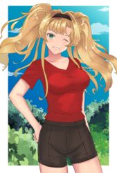  black_shorts blonde_hair blue_eyes blue_sky blush border breasts casual collarbone contemporary day female forest granblue_fantasy grin hand_on_own_hip head_tilt highres large_breasts lazycoffee_(wyen_iscordo) long_hair looking_at_viewer nature one_eye_closed red_shirt shirt shorts sky smile solo t-shirt twintails white_border zeta_(granblue_fantasy) 