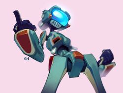  1other bad_id bad_twitter_id canti clenched_hand cowboy_shot eigaka faceless flcl highres humanoid_robot inactive_account index_finger_raised machinery pelvic_thrust pink_background pointing pose robot screen signature simple_background sway_back television w_arms 