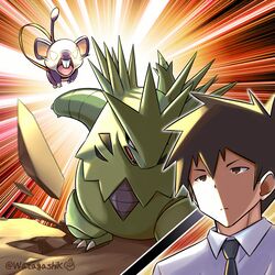  1boy absurdres aharen-san_wa_hakarenai black_necktie blurry brown_eyes brown_hair closed_mouth collared_shirt commentary_request crossover gameplay_mechanics highres male_focus matsuboshi_raidou necktie pokemon pokemon_(creature) pokemon_battle rattata rock shirt short_hair spiked_hair split_mouth twitter_username tyranitar watagashikn white_shirt 