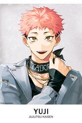  1boy bandana black_bandana black_hair black_neckwear black_shirt brown_eyes character_name copyright_name facial_mark grey_background grey_jacket highres itadori_yuuji jacket jewelry jujutsu_kaisen letterboxed long_sleeves looking_at_viewer male_focus necklace open_mouth pink_hair ring ru_(famia) shirt short_hair sleeves_past_wrists smile twitter_username undercut upper_body 