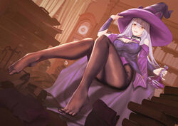  absurdres aloe_(pride_of_eden) black_bodysuit black_pantyhose blush bodysuit book breasts cleavage feet female fuann hand_on_headwear hat highres holding legs long_hair looking_at_viewer medium_breasts no_shoes open_mouth pantyhose purple_hat red:_pride_of_eden red_eyes shoes sitting smell smile solo thighs toes unworn_shoes white_hair witch witch_hat 