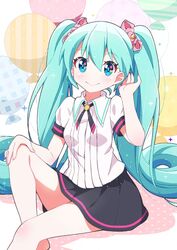  aqua_eyes aqua_hair balloon black_skirt commentary female fuusen_neko hair_between_eyes hatsune_miku highres long_hair looking_at_viewer photoshop_(medium) scrunchie shirt sitting skirt smile solo twintails very_long_hair vocaloid white_shirt 