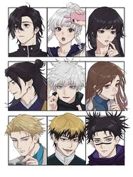  3girls 6+boys black_blindfold black_eyes black_hair black_jacket blindfold blindfold_down blonde_hair blue_eyes blue_shirt blunt_bangs brown_eyes brown_hair chinese_commentary choso_(jujutsu_kaisen) closed_mouth commentary_request ear_piercing facial_tattoo finger_to_mouth getou_suguru gojou_satoru hair_between_eyes hair_bun hand_up highres holding holding_removed_eyewear ieiri_shoko jacket jujutsu_kaisen long_hair looking_at_viewer looking_away mimiko_(jujutsu_kaisen) mole mole_under_eye multicolored_hair multiple_boys multiple_girls nanako_(jujutsu_kaisen) nanami_kento nino_(nino84391425) open_mouth parted_lips piercing portrait profile sailor_collar shirt short_hair short_twintails sidelocks single_hair_bun smile tattoo twintails two-tone_hair unworn_eyewear white_hair yellow_eyes yoshino_junpei zen&#039;in_naoya 