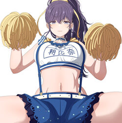  arimon_(dfrgty12) asahina_mafuyu bare_arms bare_shoulders belt blue_choker blue_shorts bow breasts cheerleader choker collarbone commentary_request cowboy_shot crop_top female frilled_choker frilled_shirt frills hair_between_eyes hair_ribbon hairbow hands_up hashire!_taiikumatsuri!_~jikkou_iin_wa_ooisogashi~_(project_sekai) high_ponytail highres holding holding_pom_poms large_breasts long_hair looking_at_viewer midriff navel parted_lips pom_pom_(cheerleading) ponytail print_shorts project_sekai purple_eyes purple_hair ribbon shirt shorts simple_background sitting sleeveless sleeveless_shirt smile solo spread_legs star_(symbol) star_print stomach suspender_shorts suspenders wavy_hair white_background white_belt white_shirt yellow_bow yellow_ribbon 