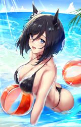  :d animal_ears ass ball bare_arms bare_shoulders beachball bikini black_bikini black_hair blue_eyes blush bob_cut breasts choker cleavage cloud collarbone day eishin_flash_(umamusume) female highres horizon horse_ears horse_girl large_breasts leaning_forward lens_flare looking_at_viewer no_tail open_mouth osterei outdoors partially_submerged red_choker short_hair smile solo string_bikini sunlight swept_bangs swimsuit thong_bikini umamusume water 