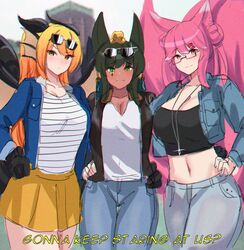  3girls absurdres animal_ears animal_hands anubis_(monster_girl_encyclopedia) blonde_hair breasts chromatic_aberration cleavage closed_mouth commentary commission crop_top dark-skinned_female dark_green_hair dark_skin dot_mouth dragon_girl dragon_tail dragon_wings elysia_watanabe english_commentary english_text eyewear_on_head facial_mark fins fox_ears fox_girl fox_tail glasses green_eyes hair_bun hair_ornament hairclip hand_on_own_hip head_fins highres jackal_ears kanta_(kanta_077) light_blush light_smile long_hair looking_at_viewer midriff monster_girl monster_girl_encyclopedia multiple_girls multiple_tails navel original pants pink_hair red_eyes second-party_source shirt sidelocks single_hair_bun skirt snake_hair_ornament sunglasses tail take_your_pick waffle_(cheapblast) white_shirt wings yellow_eyes yellow_skirt 