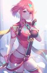  bodysuit breasts covered_navel cowboy_shot earrings female fingerless_gloves gloves jewelry kaijuicery large_breasts looking_at_viewer pink_bodysuit pink_eyes pink_hair pyra_(xenoblade) short_hair smile solo thighs xenoblade_chronicles_(series) xenoblade_chronicles_2 