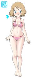  absurdres barefoot bikini blue_eyes blush breasts cleavage commentary_request embarrassed eyelashes feet female full_body highres knees legs_together looking_away navel open_mouth pink_bikini pokemon pokemon_(anime) pokemon_xy_(anime) raised_eyebrows serena_(pokemon) short_hair solo standing swimsuit tax2rin toenails toes tongue watermark white_background 