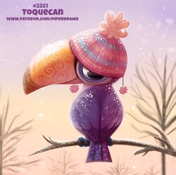  ambiguous_gender avian beak bird branch clothing digital_media_(artwork) digital_painting_(artwork) feathers feral hat headgear headwear looking_back outside piper_thibodeau plant smile snow solo text toque toucan tree url wings 