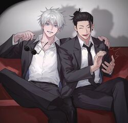  2boys ^_^ arm_around_shoulder black_footwear black_hair black_jacket black_necktie black_pants black_suit blue_eyes clapping closed_eyes collarbone collared_shirt colored_eyelashes couch cowboy_shot dress_shirt ear_piercing formal getou_suguru gojou_satoru grin hair_between_eyes hair_bun hair_pulled_back highres holding holding_removed_eyewear jacket jujutsu_kaisen long_sleeves looking_at_viewer male_focus multiple_boys necktie nino_(nino84391425) open_mouth pants piercing round_eyewear shirt shoes short_hair single_hair_bun sitting smile suit sunglasses unworn_eyewear white_hair white_shirt 