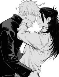  2boys closed_mouth covering_another&#039;s_mouth cowboy_shot ear_piercing getou_suguru gojou_satoru greyscale hair_bun hair_pulled_back hand_over_another&#039;s_mouth hug jacket jujutsu_kaisen long_hair long_sleeves looking_at_another male_focus monochrome multiple_boys nino_(nino84391425) piercing profile shirt short_hair simple_background single_hair_bun sparkle standing yaoi 