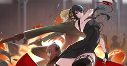  1boy 2girls anya_(spy_x_family) battle black_gloves black_hair black_thighhighs blonde_hair blood blood_on_weapon blurry blurry_background breasts dagger dress dual_wielding earrings eden_academy_school_uniform explosion fingerless_gloves gangsta_hold gloves gold_earrings gold_hairband gun hairband handgun highres holding holding_dagger holding_gun holding_knife holding_weapon jewelry knife medium_breasts multiple_girls pink_hair red_eyes reverse_grip school_uniform short_hair_with_long_locks solo_focus spy_x_family stiletto_(weapon) surrounded thighhighs twilight_(spy_x_family) two-sided_dress two-sided_fabric vafar7 weapon yor_briar 