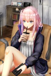  absurdres black_jacket blue_eyes bubble_tea collarbone controller cup dinergate_(girls&#039;_frontline) disposable_cup dress drinking drinking_straw female fusou_(fuso0205) girls&#039;_frontline highres holding holding_cup indoors jacket long_hair long_sleeves m4_sopmod_ii_jr m4a1_(girls&#039;_frontline) multicolored_hair non-humanoid_robot pink_hair pink_nails purple_hair remote_control robot sangvis_ferri sitting solo st_ar-15_(girls&#039;_frontline) streaked_hair white_dress 