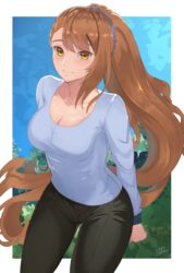  artist_name beatrix_(granblue_fantasy) black_pants blue_sweater blush border breasts brown_eyes brown_hair casual cleavage collarbone contemporary female forest granblue_fantasy highres large_breasts lazycoffee_(wyen_iscordo) long_hair looking_at_viewer nature pants ponytail signature smile solo sweater very_long_hair white_border 