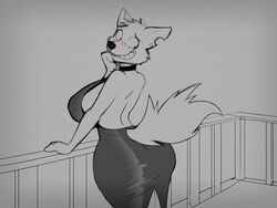  2020 4:3 anthro ass big_breasts big_butt blush breasts canid canine canis choker clothing coyote curvy_figure dracojeff dress female grey_background greyscale hourglass_figure ian_coyote jewelry looking_back mammal monochrome necklace nervous_smile notched_ear railing simple_background smile solo wide_hips 