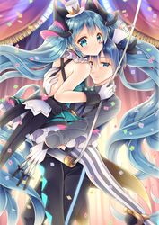  1boy absurdly_long_hair aqua_eyes aqua_hair asymmetrical_legwear black_pants blue_eyes blue_hair commentary curtains dagger female floating_hair gloves hat hatsune_miku highres hug kaito_(vocaloid) knife long_hair looking_at_viewer magical_mirai_(vocaloid) magical_mirai_kaito magical_mirai_kaito_(2019) magical_mirai_miku magical_mirai_miku_(2019) mini_hat mini_top_hat mismatched_legwear neck_ruff pants skirt striped_clothes striped_thighhighs swing thighhighs top_hat twintails vertical-striped_clothes vertical-striped_thighhighs very_long_hair vocaloid weapon white_gloves yorarry 