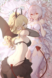  2girls ahoge ass back bare_shoulders black_bra black_skirt blonde_hair bra breasts demon_horns demon_tail demon_wings fate/grand_order fate_(series) garter_belt grey_eyes horns kriemhild_(fate) kriemhild_(love_delusion)_(fate) lady_avalon_(fate) large_breasts long_hair looking_at_viewer looking_back medium_breasts merlin_(fate/prototype) multiple_girls panties pointy_ears ponytail red_eyes skirt smile tail tenshin_kagehisa thighhighs thighs twintails underwear very_long_hair white_bra white_hair white_panties white_thighhighs wings 