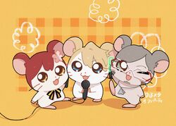  :d ;d animal_focus animalization arurandeisu beard blonde_hair blue_eyes checkered_background facial_hair flower_(symbol) glasses glowstick green_eyes grey_hair hamster hamtaro_(series) hanasaki_miyabi highres holding holding_glowstick holding_microphone holostars jewelry kishido_temma looking_at_viewer microphone neck_ribbon no_humans one_eye_closed parody pendant penlight_(glowstick) red_hair ribbon smile standing swept_bangs taozi_momo virtual_youtuber yellow_background yellow_eyes yurustars 