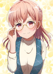  :3 absurdres bang_dream! bespectacled blush braid breasts female glasses highres hiromachi_nanami looking_at_viewer medium_hair noshimurin pink_hair red_eyes smile solo sweater upper_body vest 