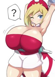  alternate_breast_size arm_wrap breasts female hairband highres huge_breasts irida_(pokemon) jaga334 jewelry neck_ring oppai_loli pokemon pokemon_legends:_arceus red_hairband red_shirt shirt shorts simple_background solo strapless strapless_shirt thick_thighs thighs waist_cape white_background white_shorts 