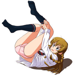  adjusting_clothes adjusting_legwear black_socks braid brown_hair commentary crotch_seam double_horizontal_stripe dress_shirt female frown high_schoolmate_(idolmaster) idolmaster idolmaster_million_live! idolmaster_million_live!_theater_days kousaka_umi legs_up lielos long_hair long_sleeves lying necktie on_back open_mouth panties pink_panties red_necktie shadow shirt side_braid simple_background socks solo sweatdrop twin_braids underwear uniform_series_(idolmaster) white_background white_shirt 