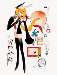  abstract arrow_(symbol) bilingual black_bow black_choker black_dress black_footwear black_sleeves blonde_hair blue_eyes boots bow bright_pupils broken choker clock commentary detached_sleeves dress english_commentary english_text female full_body gears grey_background hair_ornament hairbow hairclip kagamine_rin long_sleeves mixed-language_text multicolored_hair photo_(object) red_hair roshin_yuukai_(vocaloid) solo song_name tadanoiro thigh_boots two-tone_bow two-tone_dress two-tone_hair vocaloid white_bow white_dress white_pupils 