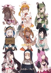  6+girls animal_ears animare apron armband ars_almal ars_almal_(1st_costume) asymmetrical_clothes bat_ears bat_ornament black_cape blue_eyes blush_stickers breasts brown_eyes buttons cape character_name chef chef_hat cleavage cleavage_cutout closed_eyes closed_mouth clothing_cutout collar commentary cookpad cookpad-tan dress eighth_note eyepatch fang_out followers_favorite_challenge glint gloves glowing glowing_eyes green_hair green_ribbons grey_hair habit hair_ornament hair_ribbon hanarito hat holding holding_knife holding_sign honey_strap hood hood_up horns inaba_haneru_(animare) knife leaning_forward light_brown_hair long_hair long_sleeves looking_at_viewer looking_to_the_side medium_breasts medium_hair multicolored_hair multiple_drawing_challenge multiple_girls musical_note nanashi_inc. natori_sana nijisanji nun nurse_cap oerba_yun_fang open_beta_(vtuber) orange_eyes partially_fingerless_gloves pink_apron pink_eyes pink_headwear pom_pom_(clothes) puffy_short_sleeves puffy_sleeves quarter_note rabbit_hair_ornament red_eyes red_hair ribbon safety_pin sana_channel scarf sekishiro_mico shaded_face short_hair short_sleeves side_ponytail sign simple_background sister_claire sister_claire_(1st_costume) sixteenth_note smile sparkle split-color_hair streaked_hair sweatdrop tachibana_suzuha traditional_nun translated two-tone_hair two_side_up umori_hinako upper_body very_long_hair virtual_youtuber white_background white_dress yellow_eyes yorumi_rena 