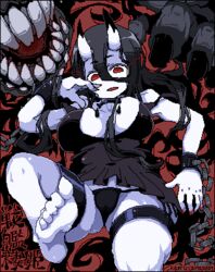  abyssal_ship artist_name barefoot battleship_princess bikini black_bikini black_dress black_hair breasts chains character_name claws colored_skin commentary dress feet female foot_out_of_frame hair_between_eyes horns jaggy_lines kaeruyama_yoshitaka kantai_collection large_breasts leg_up long_hair lowres nail_polish pale_skin parted_lips red_eyes red_nails soles solo swimsuit teeth toes translated very_long_hair white_skin 