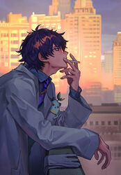  1boy against_railing building cigarette city cityscape eyelashes glasses gloves highres lab_coat leos_vincent looking_away madota_yuki male_focus mameneko_(leos_vincent) mascot necktie nijisanji outdoors profile purple_necktie railing signature sky smoking solo sunset unworn_gloves virtual_youtuber wavy_hair 