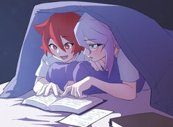  2girls aged_down alternate_costume arikindows10 black_background blanket blush book commentary_request couple croix_meridies glasses green_eyes happy little_witch_academia looking_at_another lying medium_hair multiple_girls on_stomach open_mouth pillow purple_hair reading red_eyes red_hair school shiny_chariot shirt short_hair simple_background smile wavy_hair white_shirt yuri 