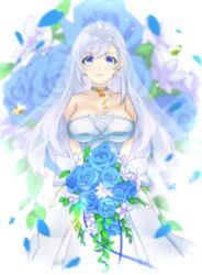  absurdres azur_lane bare_shoulders belfast_(azur_lane) belfast_(the_pledge_of_claddagh)_(azur_lane) blue_eyes blue_flower blue_rose bouquet braid breasts bridal_veil bride chains cleavage collarbone commentary dress earrings female flower french_braid gold_chain highres holding holding_bouquet jewelry large_breasts long_hair mogu_(kuromezennkainopokke) official_alternate_costume rose silver_collar solo strapless strapless_dress tiara veil wedding_dress white_dress white_hair 