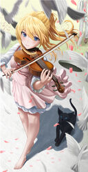  1boy absurdres animal arima_kousei barefoot bird black_cat blonde_hair blue_eyes closed_mouth dress feline female hair_between_eyes highres holding holding_instrument holding_violin instrument long_hair miyazono_kawori music outdoors petals pink_dress playing_instrument ponytail shigatsu_wa_kimi_no_uso sidelocks silvertsuki smile solo_focus violin 