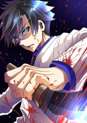  1boy :o black_hair blood blood_on_clothes blood_on_face blue_eyes blue_shirt eye_trail formal glasses gradient_background highres holding holding_knife human_bug_daigaku knife kotouge_kabuto light_trail long_sleeves looking_at_viewer male_focus shirt solo suit uonuma_yuu upper_body white_suit 