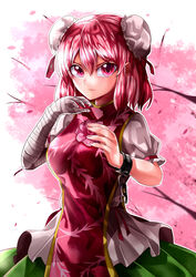  absurdres bandaged_arm bandages cherry_tree closed_mouth commentary cowboy_shot cuffs double_bun expressionless female frilled_sleeves frills green_skirt hair_between_eyes hair_bun highres ibaraki_kasen looking_at_viewer mahoro_(minase_mahoro) pink_background pink_eyes pink_hair print_tabard puffy_short_sleeves puffy_sleeves purple_tabard shackles shirt short_hair short_sleeves skirt solo tabard touhou v-shaped_eyebrows white_shirt 