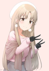  basa_rutan beret black_gloves blush brown_eyes brown_hair closed_mouth commentary_request double_v earrings female gloves grey_skirt hat jewelry long_hair long_sleeves nijisanji official_alternate_costume parted_bangs pink_background pink_sweater pom_pom_(clothes) pom_pom_earrings puffy_long_sleeves puffy_sleeves shawl sister_claire sister_claire_(4th_costume) skirt sleeves_past_wrists smile solo sweater v virtual_youtuber white_hat 