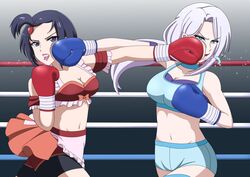  2girls akiba_maid_sensou bare_shoulders black_hair blue_eyes bow boxing boxing_gloves boxing_shorts breasts catfight cleavage crop_top crosscounter duel food-themed_hair_ornament frills grey_hair hair_ornament hair_tie hiromon indoors long_hair mannen_ranko medium_breasts midriff mouth_guard multiple_girls navel orange_bow punching purple_eyes shorts stomach strawberry_hair_ornament zoya_(akiba_maid_sensou) 