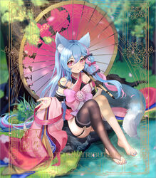  animal_ear_fluff animal_ears asymmetrical_gloves asymmetrical_legwear barefoot black_gloves blue_hair blue_nails blurry blurry_background blush bow cherry_blossoms commission day detached_sleeves feet female fh_moya fox_ears fox_girl fox_tail framed full_body garter_straps gloves hair_between_eyes half_gloves highres holding holding_umbrella long_hair looking_at_viewer multicolored_hair nail_polish oil-paper_umbrella original outdoors pink_bow pink_eyes pink_hair pink_umbrella qiya_(kia_098) single_glove single_thighhigh sitting solo tail thighhighs thighs toenail_polish toenails toes two-tone_hair umbrella very_long_hair 