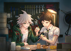  2boys :d ahoge bangs brown_hair coat collarbone collared_shirt danganronpa dust_particles eyebrows_visible_through_hair green_coat green_eyes hair_between_eyes heterochromia highres hinata_hajime holding hood hood_down hooded_coat indoors komaeda_nagito lamp lap multiple_boys open_clothes open_coat open_mouth prosthetic_hand red_eyes repairing shirt short_hair short_sleeves silver_hair smile spiked_hair spoilers super_danganronpa_2 white_shirt wing_collar yellow_eyes zhuo_ying 