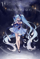  :d absurdres ahoge aqua_eyes aqua_hair aqua_nails bare_legs black_footwear bow dress fingerless_gloves gloves hair_ornament hairbow hairclip hatsune_miku highres leg_garter long_hair nail_polish nishina_hima one_eye_closed open_mouth shoes smile standing twintails very_long_hair vocaloid yuki_miku yuki_miku_(2017) 