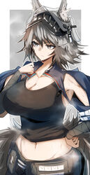  absurdres animal_ears arknights armpits ashlock_(arknights) ashlock_(elite_ii)_(arknights) breasts cleavage female gin_moku grey_eyes grey_hair hand_on_own_hip helmet highres large_breasts material_growth midriff navel oripathy_lesion_(arknights) squirrel_ears steaming_body stomach sweat tank_top visor_(armor) 