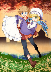  1boy alouette_(la_danse_macabre) blonde_hair blue_eyes brown_hair carrying commentary_request couple dress female green_eyes hat hat_ribbon la_danse_macabre lazare_(la_danse_macabre) mob_cap open_mouth photoshop_(medium) princess_carry puffy_sleeves ribbon scarf short_hair smile straight suzuragi_karin 