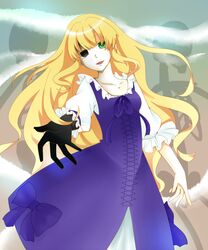  absurdres alouette_(la_danse_macabre) bad_end blonde_hair blunt_bangs dress empty_eyes female highres la_danse_macabre long_hair mikiy_s outstretched_arm puffy_sleeves rotting smile 