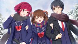  1boy 2girls :d ^_^ black_coat blue_vest bow bowtie brown_eyes brown_hair brown_scarf closed_eyes coat facing_viewer floating_hair game_cg gin&#039;iro_haruka grey_hair grey_scarf holding koizumi_amane long_hair long_sleeves miniskirt multiple_girls nashiro_momiji necktie niimi_yukito open_clothes open_coat outdoors plaid plaid_sailor_collar plaid_skirt red_bow red_bowtie red_eyes red_hair red_necktie sailor_collar sakaki_akane scarf school_uniform shirt short_hair skirt smile two_side_up vest white_shirt 