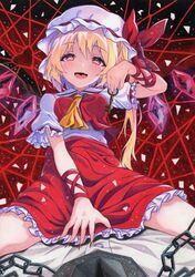  ascot blonde_hair chains commentary_request female fingernails flandre_scarlet hat hat_ribbon heart heart-shaped_pupils highres holding key kittona long_fingernails long_hair looking_at_viewer mob_cap nail_polish oerba_yun_fang open_mouth puffy_short_sleeves puffy_sleeves red_background red_eyes red_nails red_skirt red_vest ribbon sharp_fingernails shirt short_sleeves side_ponytail sitting skirt smile solo symbol-shaped_pupils touhou traditional_media vest white_hat white_shirt wings yellow_ascot 