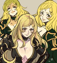  bad_id bad_pixiv_id black_choker blonde_hair braid braided_bangs breasts center_opening choker cleavage commentary drag-on_dragoon drag-on_dragoon_3 facial_mark female five_(drag-on_dragoon) forehead_mark hair_ornament impossible_clothes kokomi_(aniesuakkaman) long_hair mole mole_under_eye parted_lips roman_numeral signature single_braid x_hair_ornament yellow_eyes 